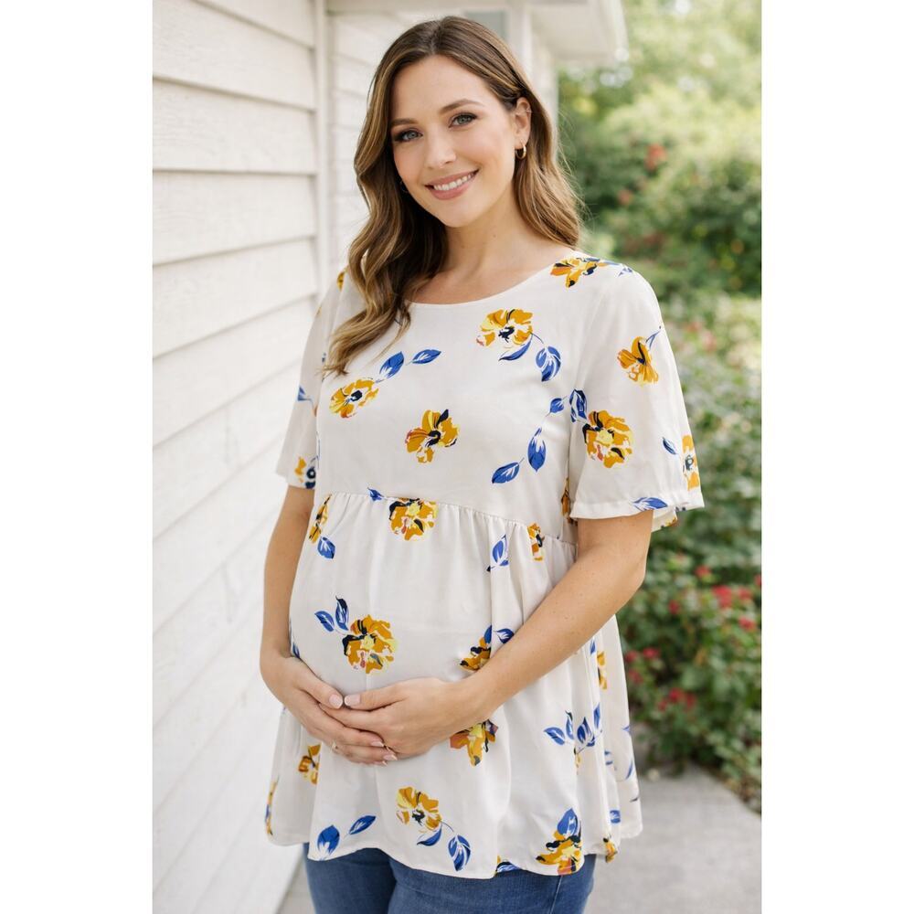 Isabel Maternity by Ingrid & Isabel Floral Blouse Top Size L White Yellow Blue